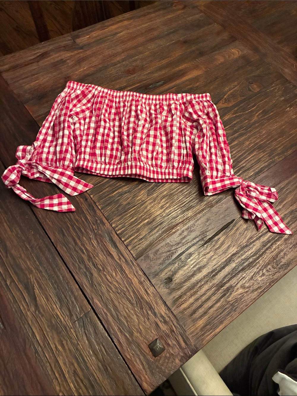 Women’s red Gingham Tie-Sleeve Crop Top off the shoulder
